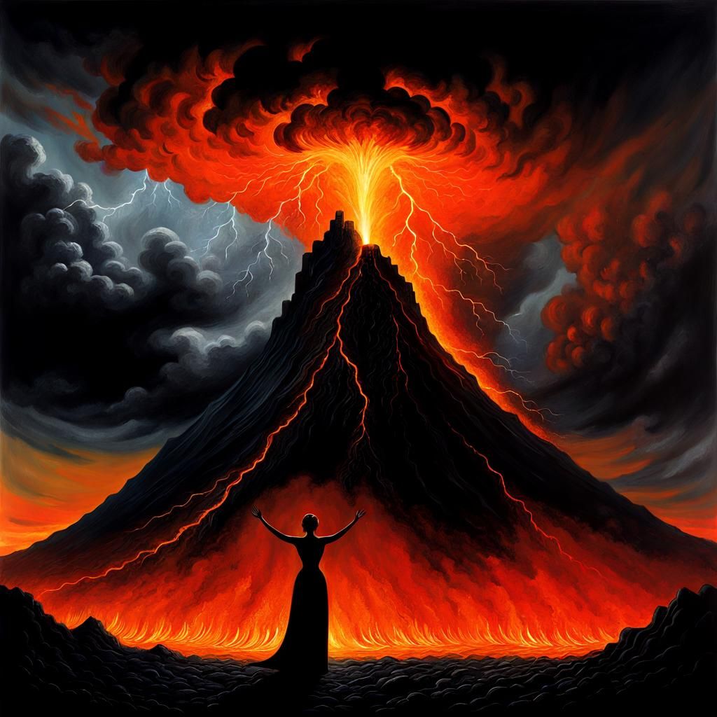 Volcano Silhouette in Dark Surreal Impasto Style