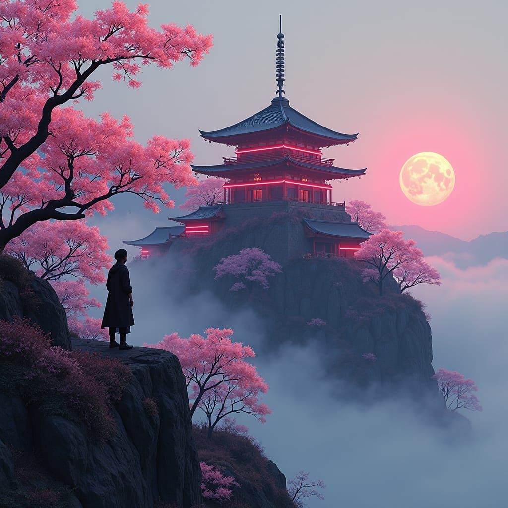 Futuristic Neon Temple on Kyoto Hills: Cyberpunk Art