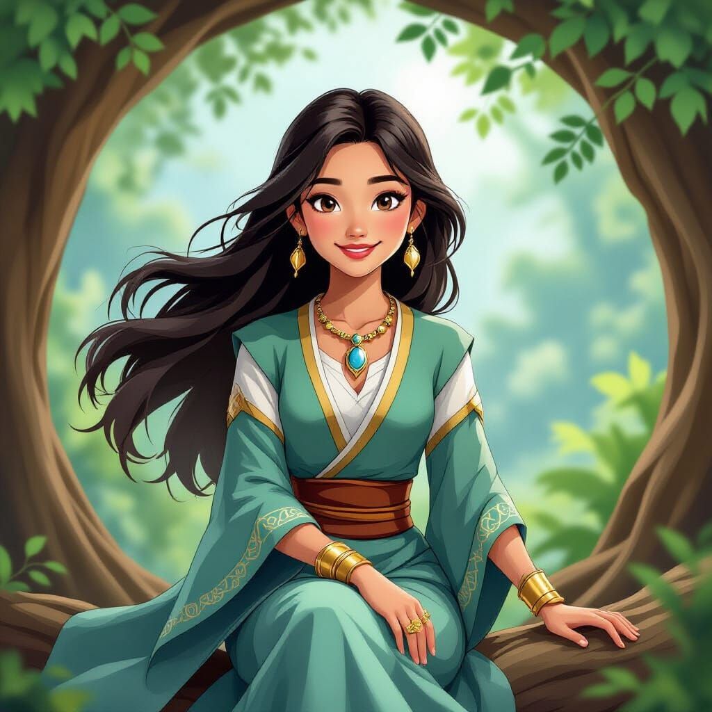 Animated Style Portrait of a Woman in Teal Dress