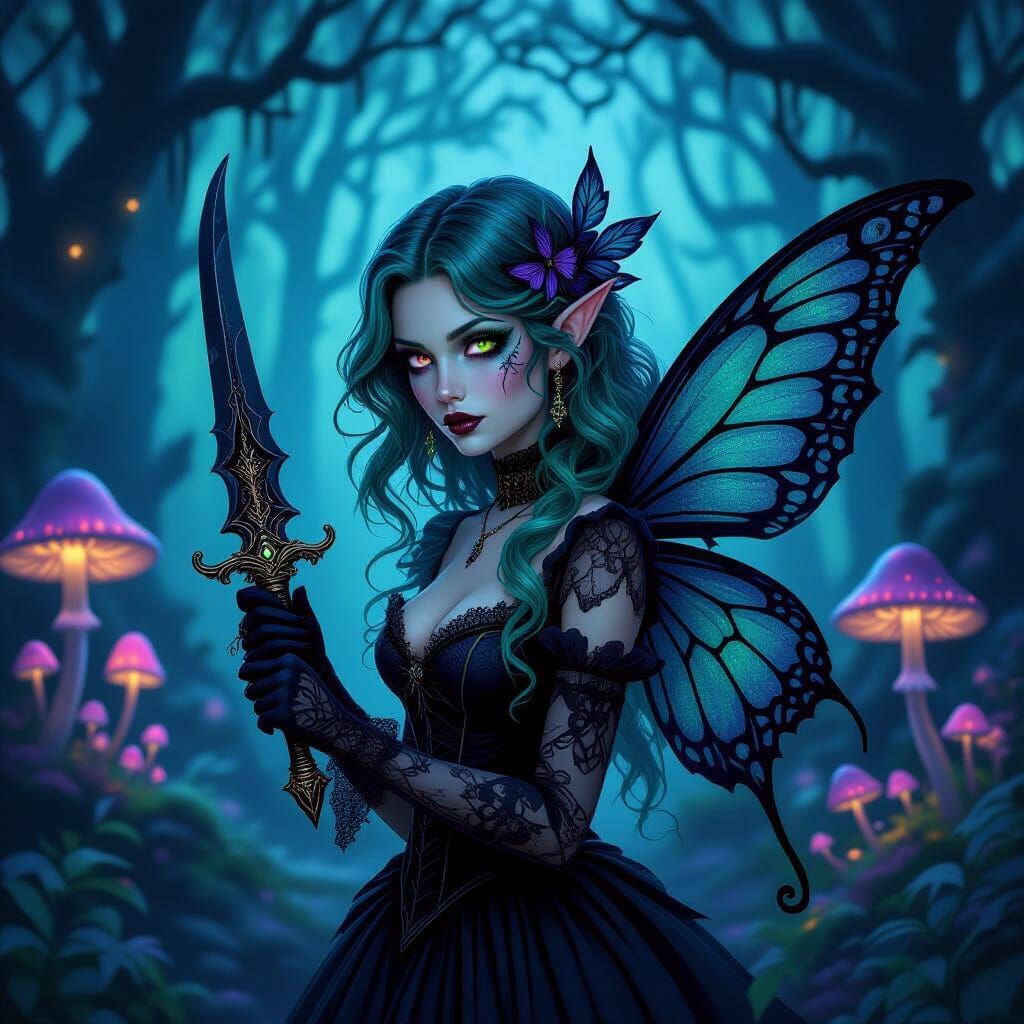Goth Fairy with Obsidian Dagger in Enchanted Forest
