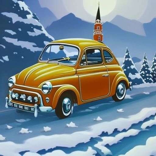Fiat 500 with Christmas Tree in Storybook Style