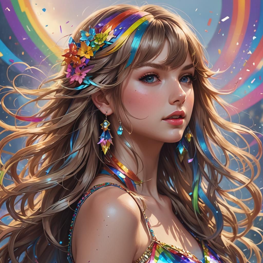 Anime Rainbow Hair Portrait in Art Nouveau Style