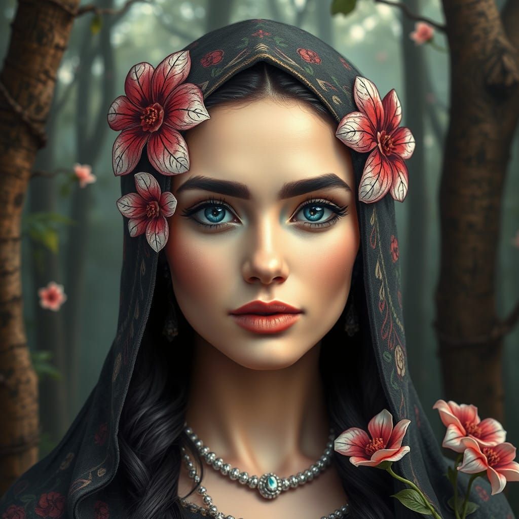 Gorgeous Lebanese Woman with Tangled Flowers in Her Hair, In...