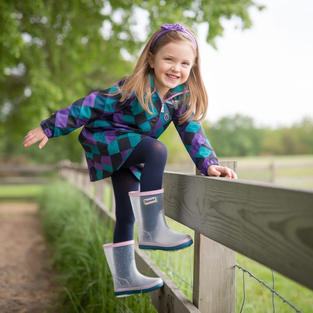 Young Girl in Vibrant Checkered Jacket Plays on a Wooden Fen...
