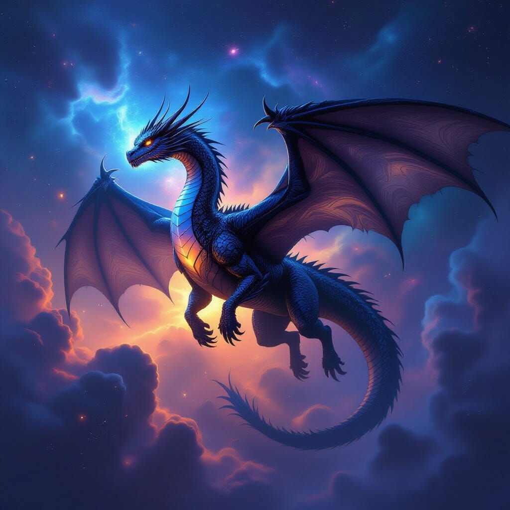 Obsidian Dragon Soaring Through Cosmic Nebula