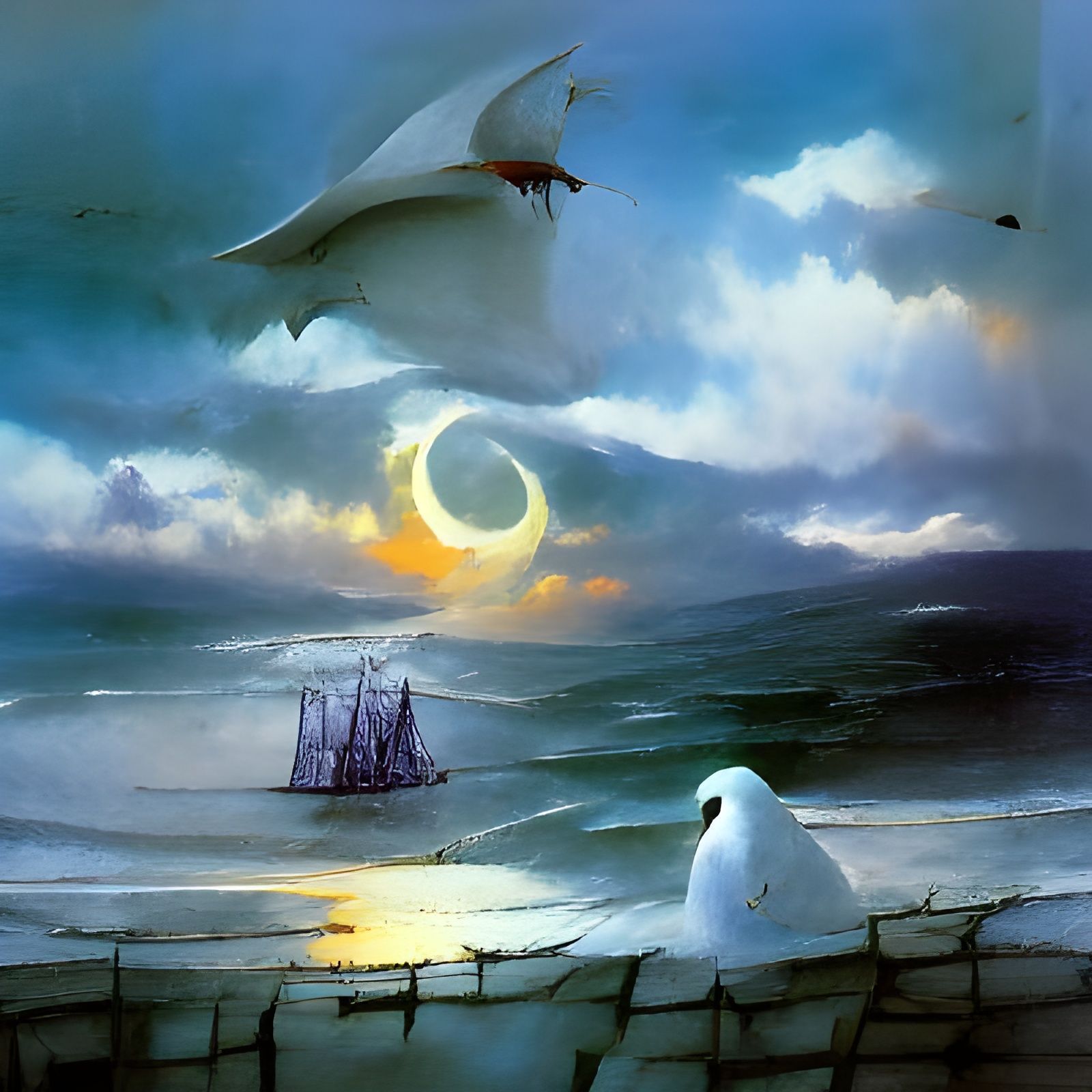 What can you see on the horizon? Why do the white gulls call? Across the sea a pale moon rises. The ships have come to c...