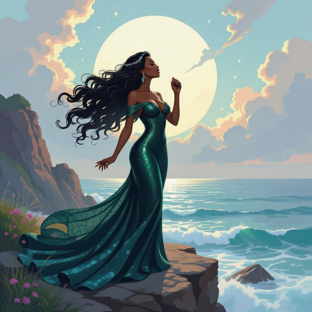 Mystical Black Woman Siren Illustration