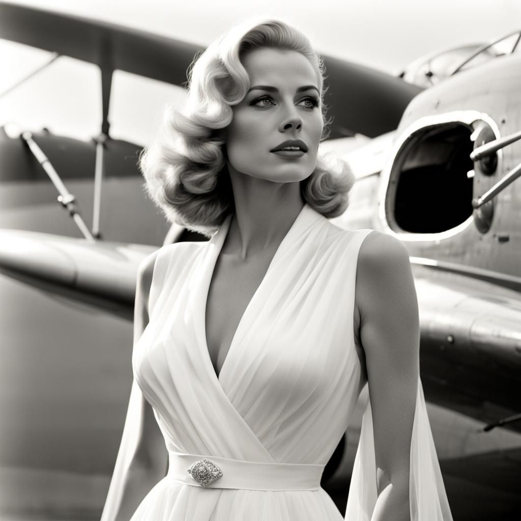 Photo npor et blanc Magnifique femme modèle blonde robe blanche push bra 40DD devant un avion modèle  Dakota acier brill...