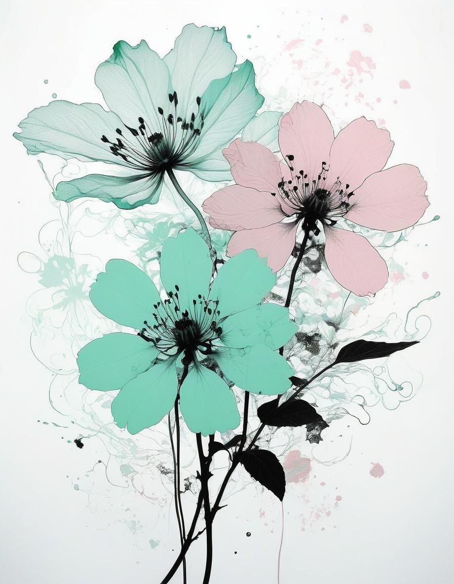 Cosmic Botanical Ink Drawing with Floral Details