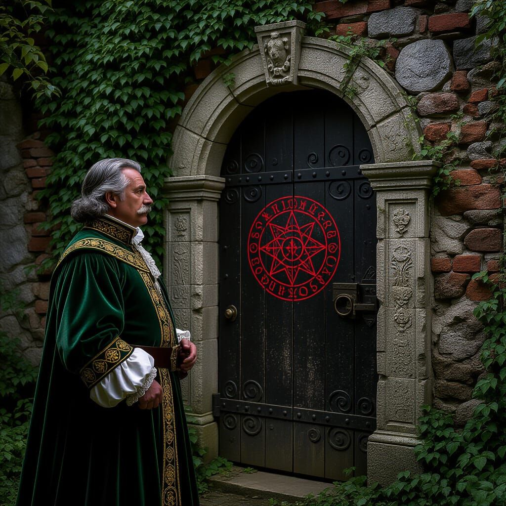 Renaissance Gentleman and Alchemical Door in Abandoned Garde...
