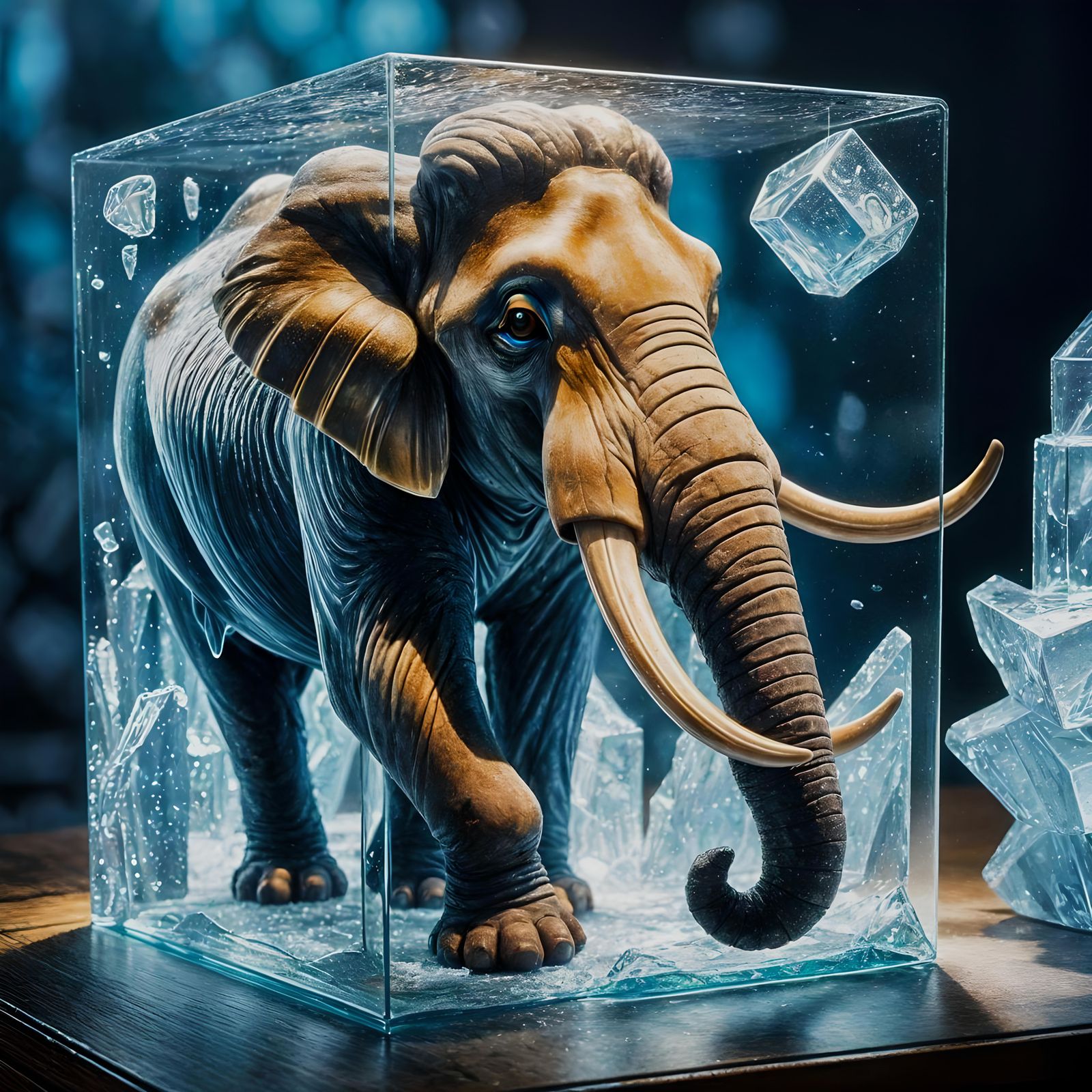 Frozen Mammoth in Glass Cube: A 3D Render
