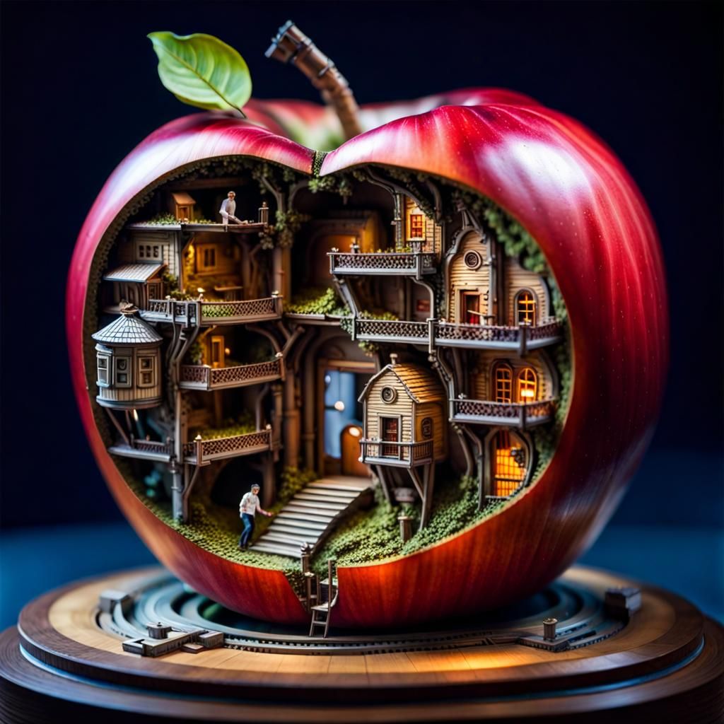Miniature Fantasy World Inside Mechanical Apple