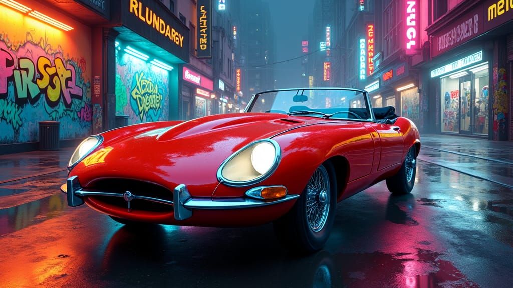 Cyberpunk Jaguar XKE Convertible in Dystopian Cityscape
