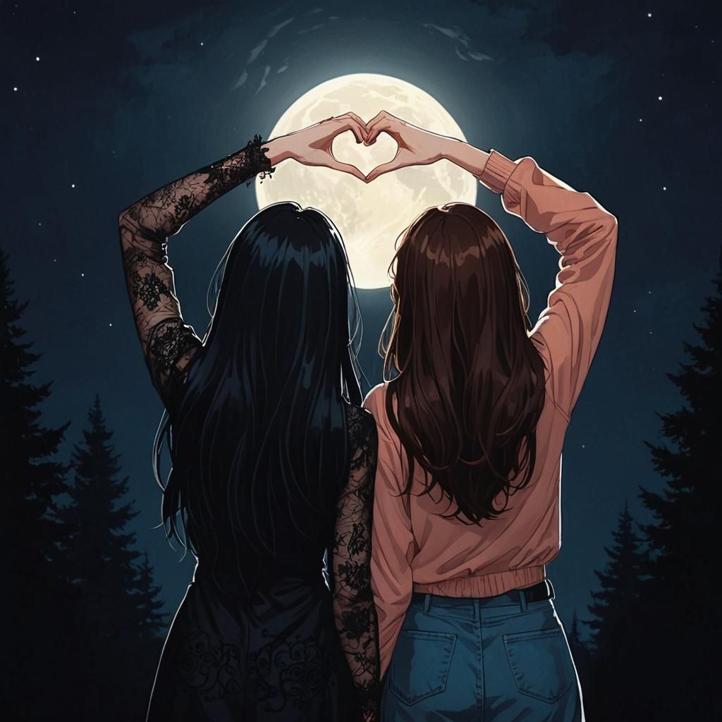 Two Friends Gazing at Moon as Illustration