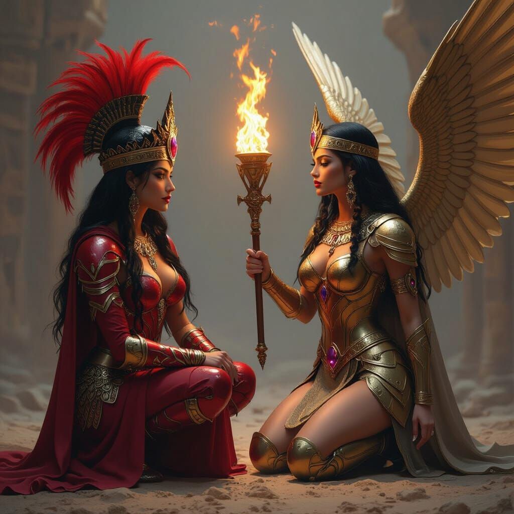 Two Warrior Queens in Ornate Armor with Fiery Torch