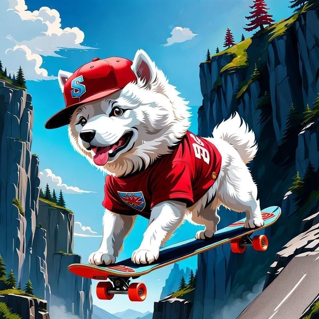 Flying Samoyed on Skateboard in Dynamic Action