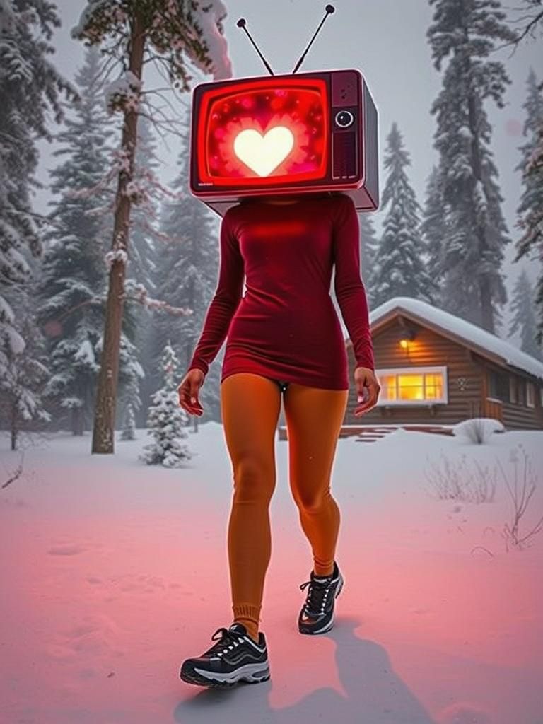 Woman with TV Head Walks Winter Landscape