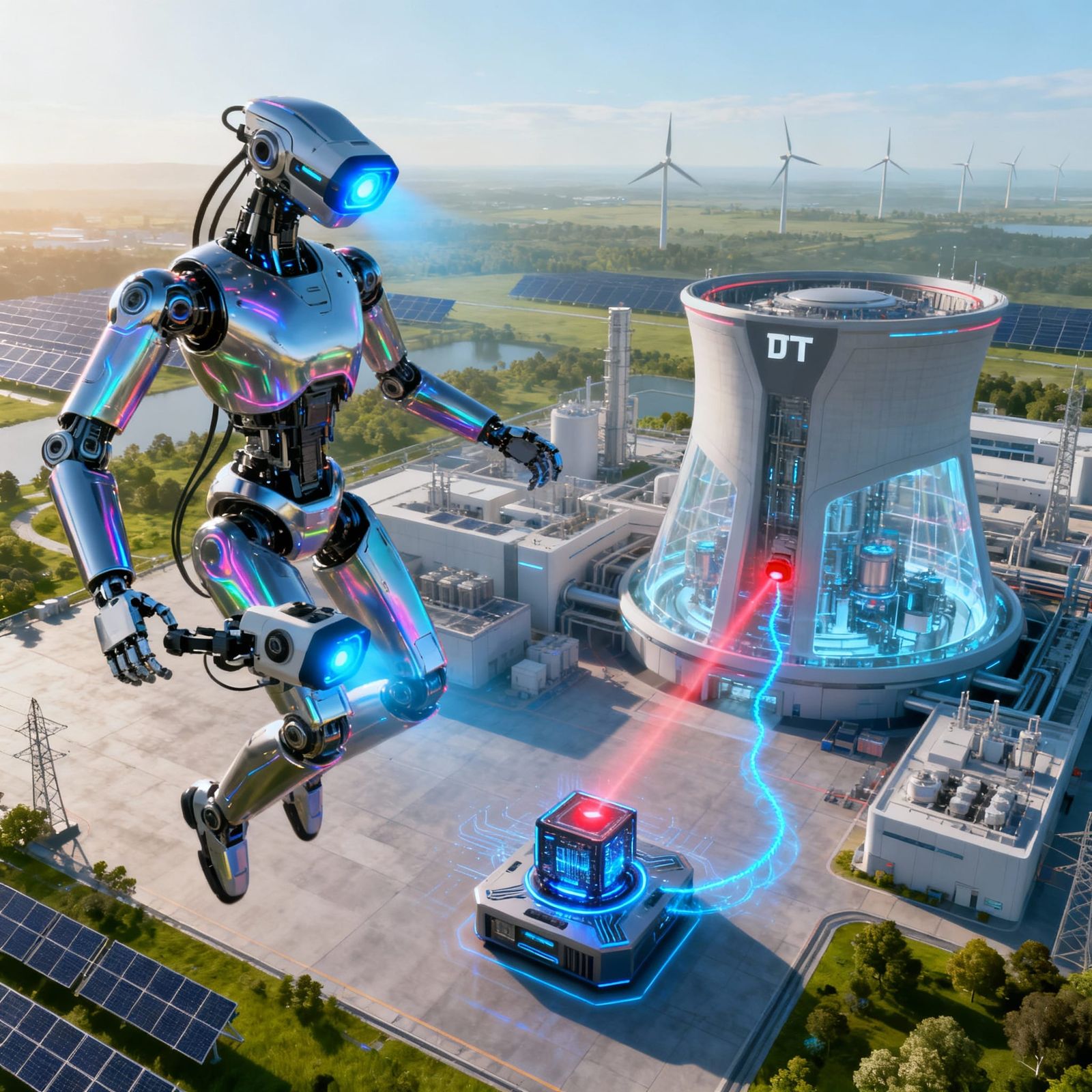 Futuristic Fusion Power Complex with Levitating Robot Inspec...