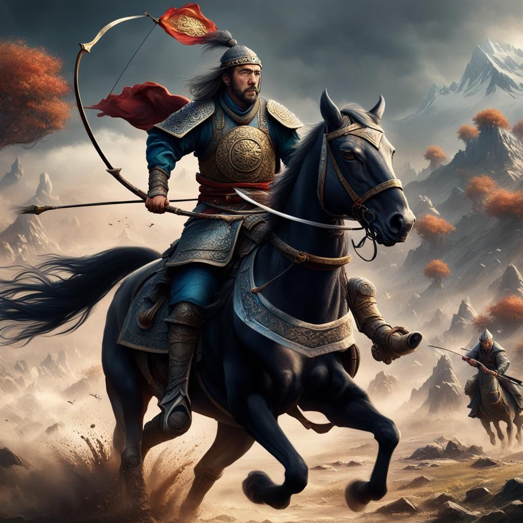 Mongol Warrior on Horseback in Battle, Detailed Matte Painti...