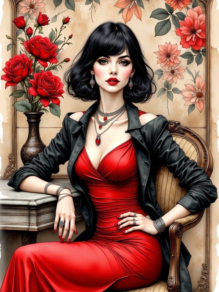 Elegant Woman with Roses in Ink Art Style