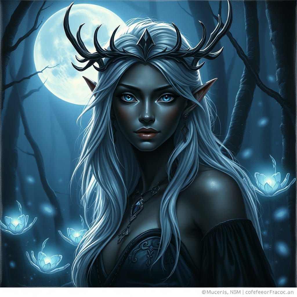 Moon Druid Drow with Antler Crown in Moonlit Forest