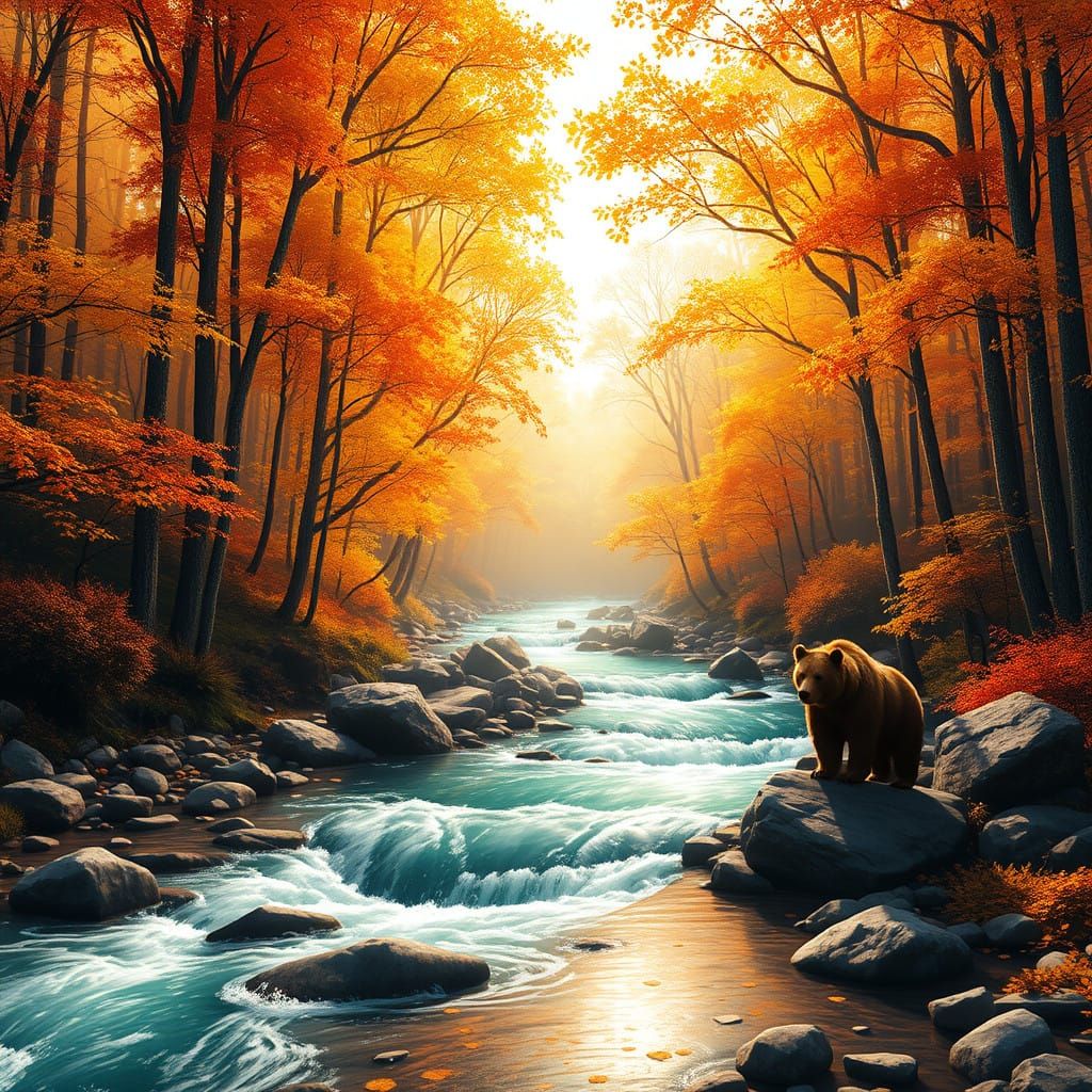 Serene Autumn Forest Scene in 3D Anime Art Style