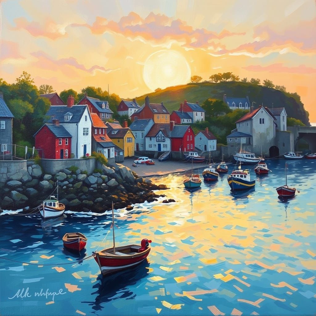 Coastal Village at Sunset Oil Painting