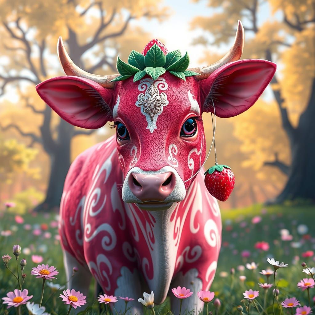Majestic Strawberry Cow in Vibrant Meadow