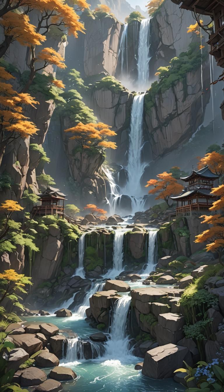 Anime Style Waterfall Scene in 3D