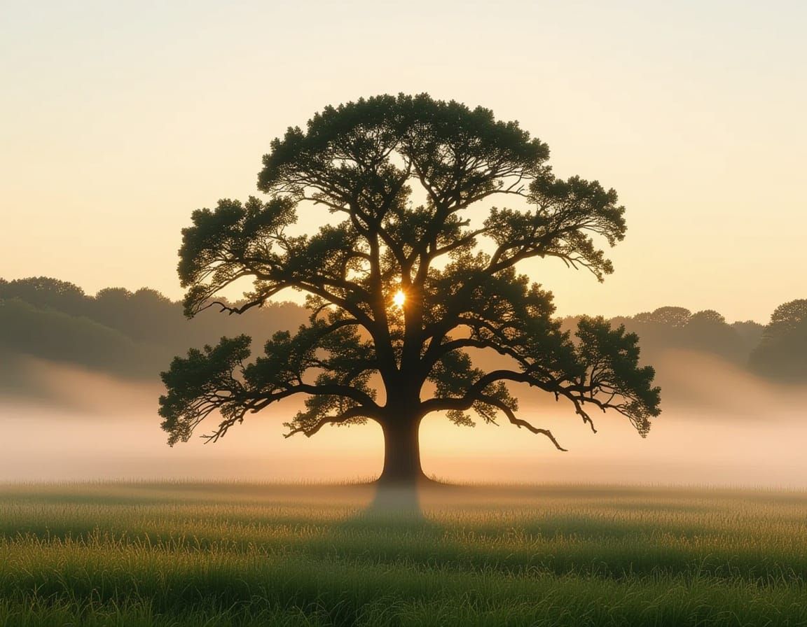 Ancient Oak in Misty Meadow at Dawn, Romantic Matte Painting