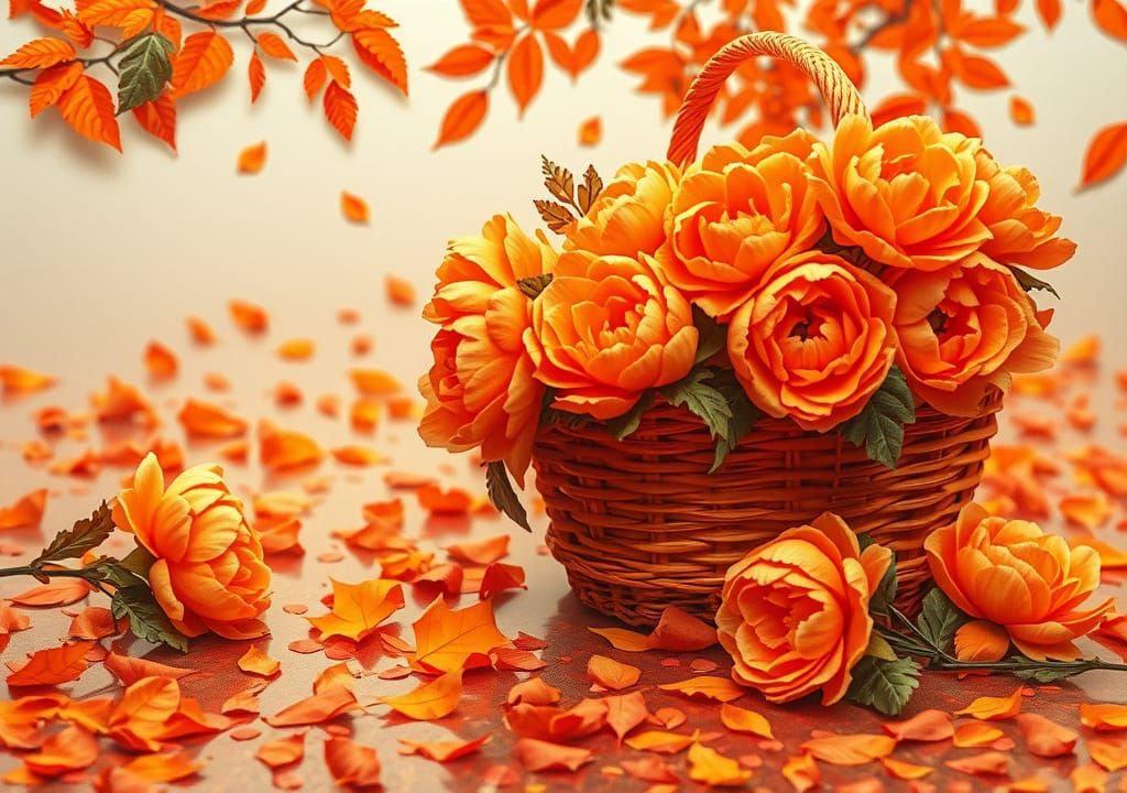 Vibrant Cut Paper Autumn Scene with Orange Peonies