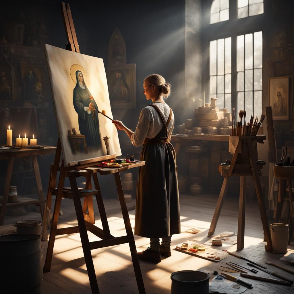 Gothic Artisan Painting a Saint in Studio