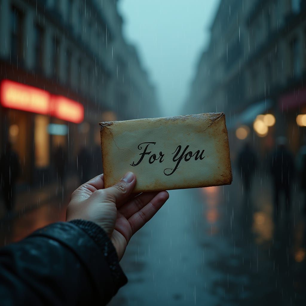 Elegant Letter in Rainy City Street
