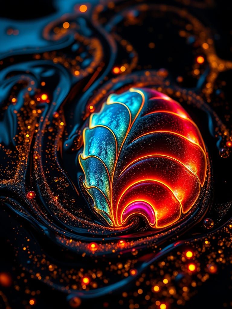Bioluminescent Seashells in Swirling Ink