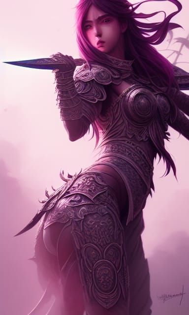 Dark Fantasy Warrior in Cerulean and Magenta Armor