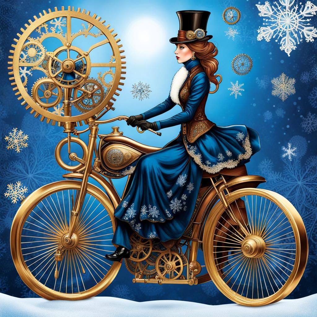 Steampunk Woman Rides Clockwork Bicycle in Winter