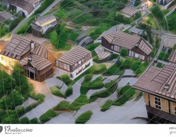 Futuristic Country Village Aerial View in Splash Art Style