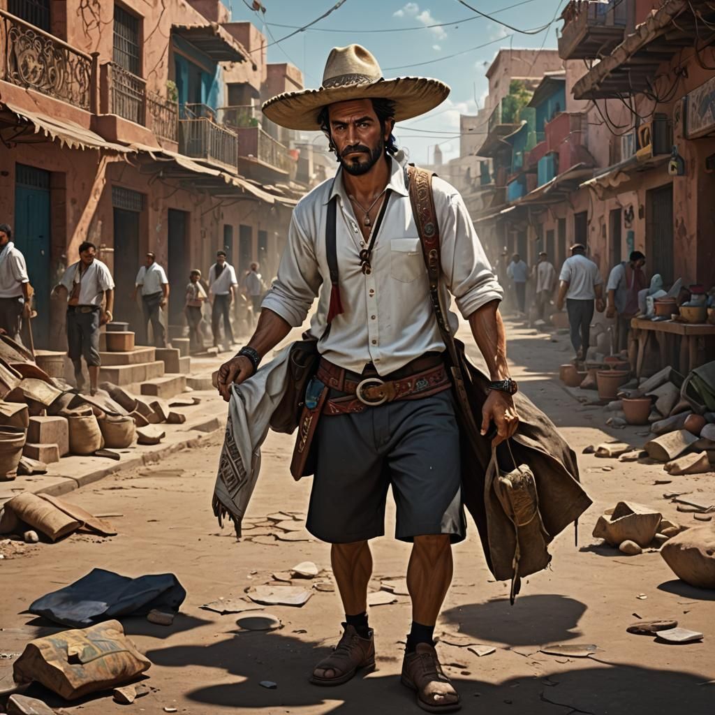 Strong Man in Oversized Clothes: Matte Painting