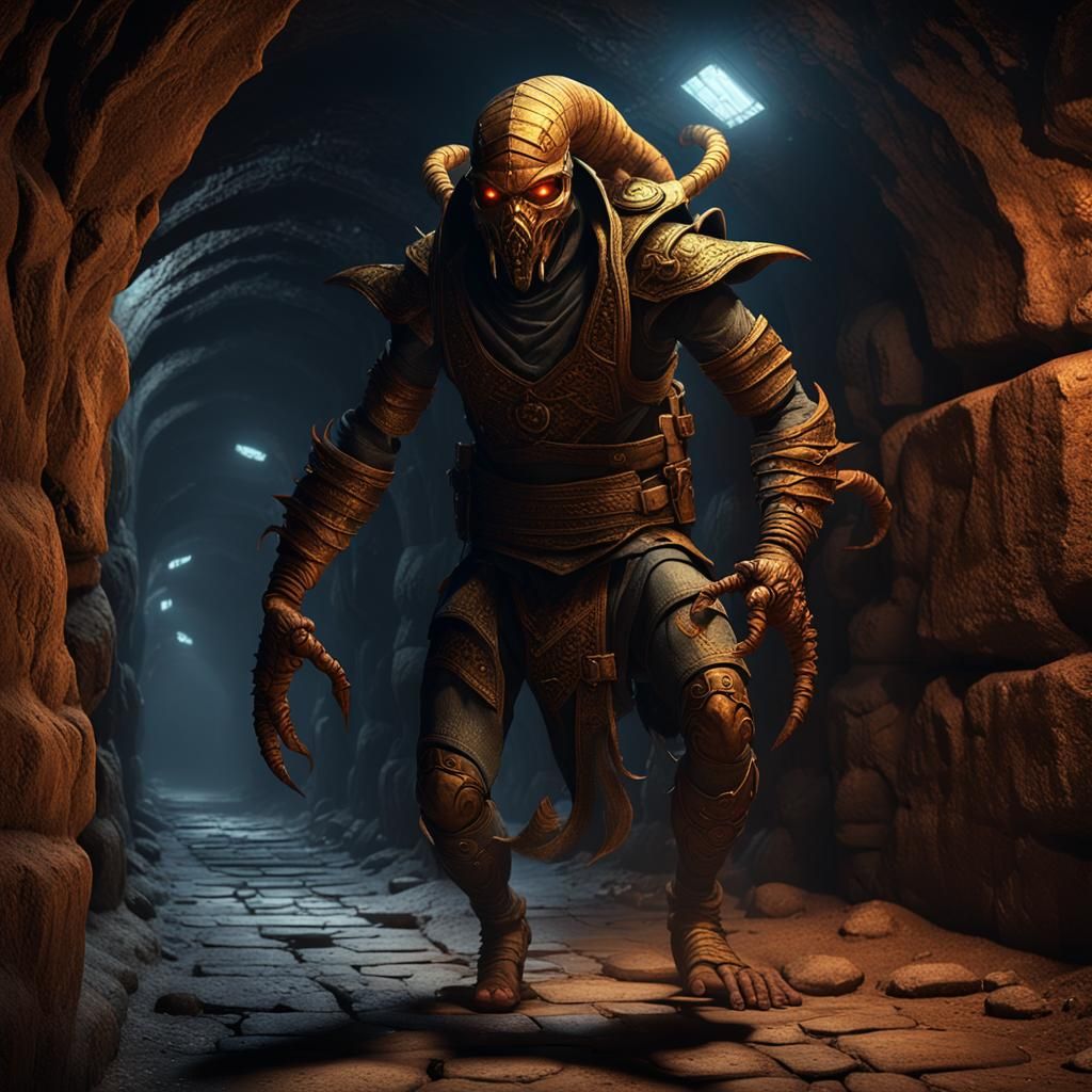 Scorpion Man in Dark Tunnels, Hyperdetailed Fantasy Art