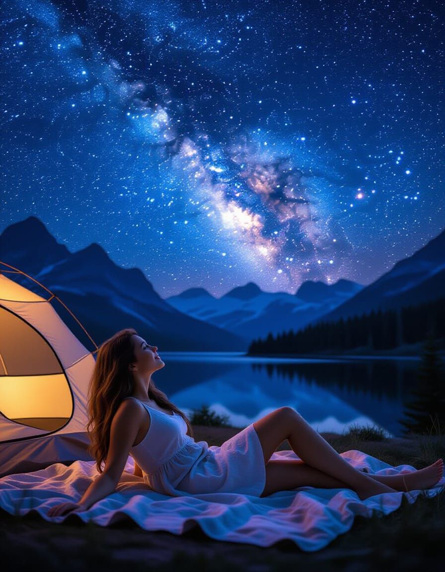 Woman Gazing at Starry Sky Beside Tent in Mountains