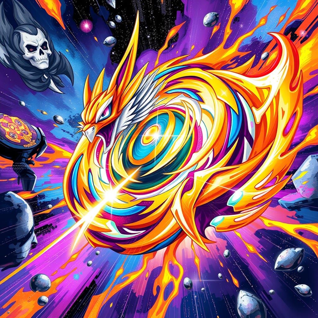Cosmic Fox-Dragon Beyblade in Action-Packed Astral Scene