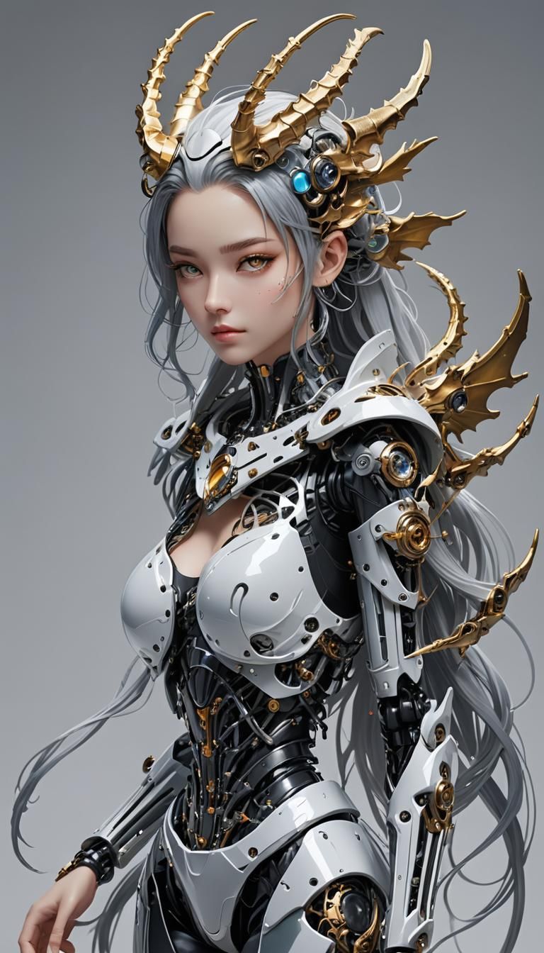 Chimera Girl with Robot Skeleton and Dragon Wings