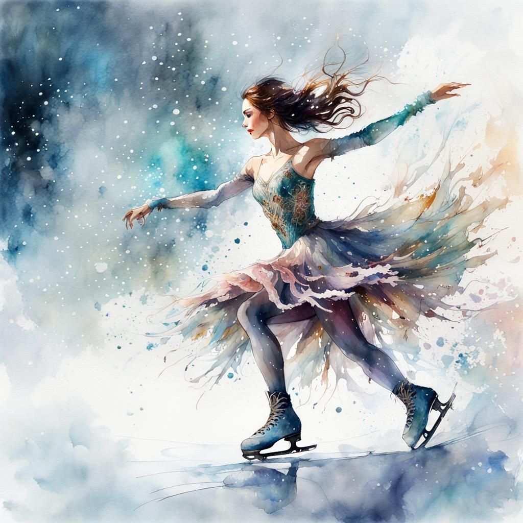 Figure Skater on Winter Day in Watercolor Style