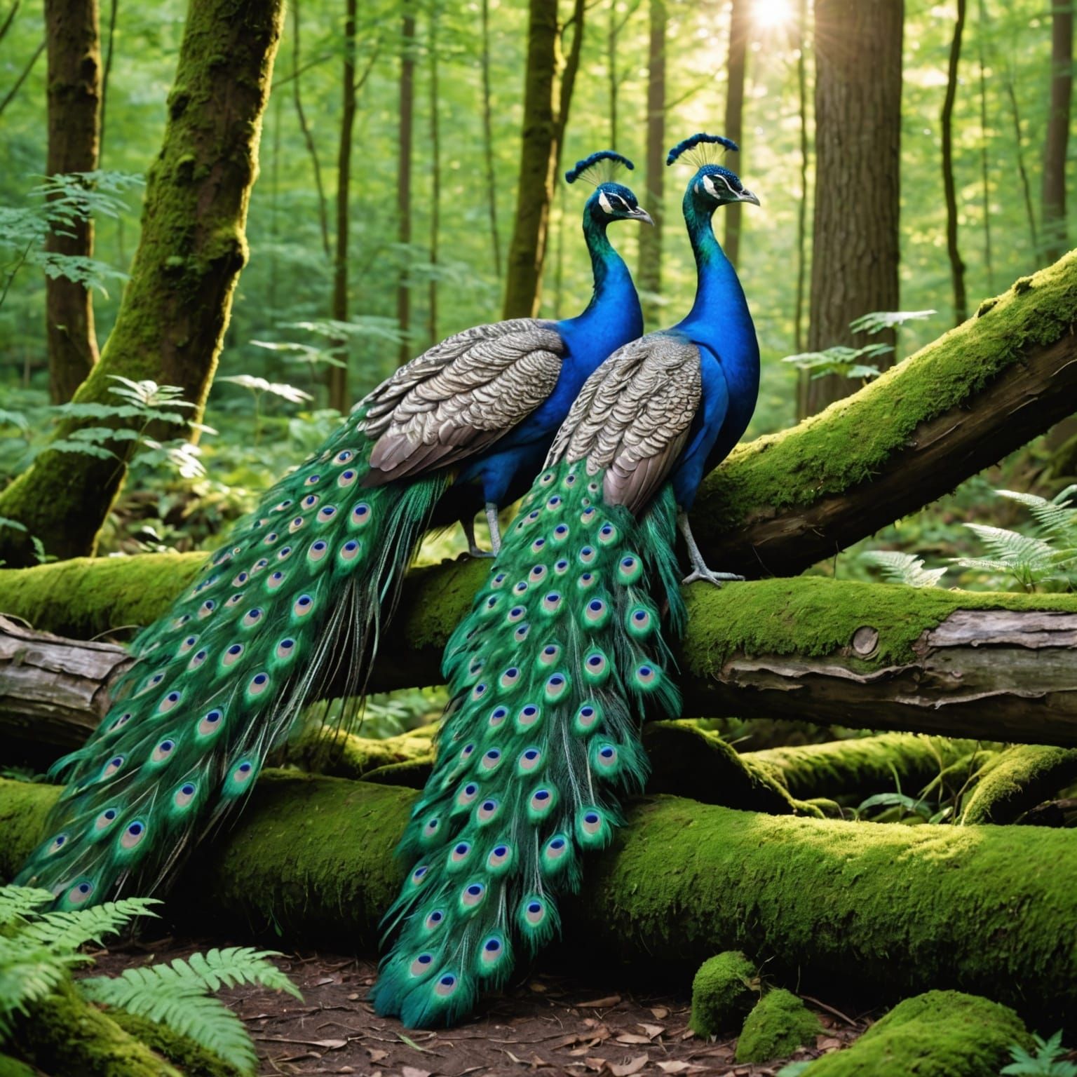 Whimsical Peacocks Display Fanned Tails in Forest Clearing