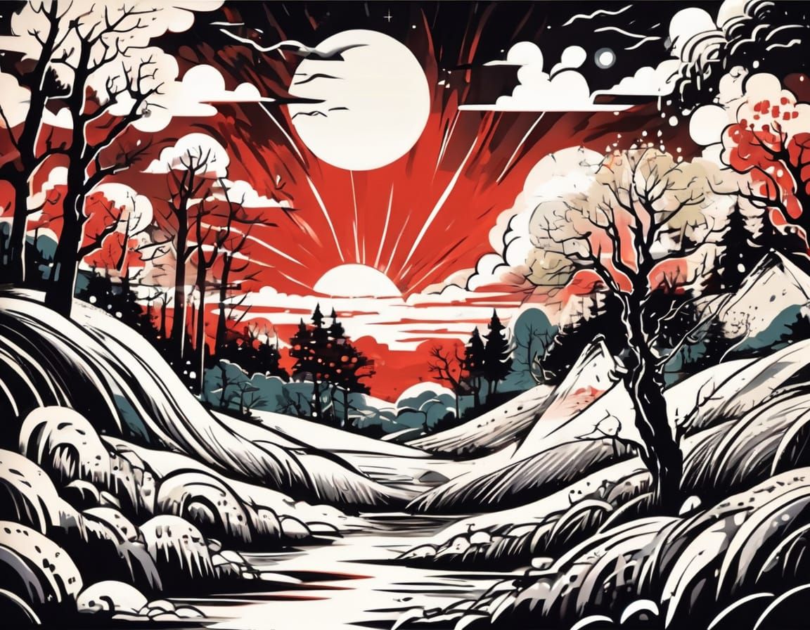 Macabre Old Tree Illustration with Red Sun