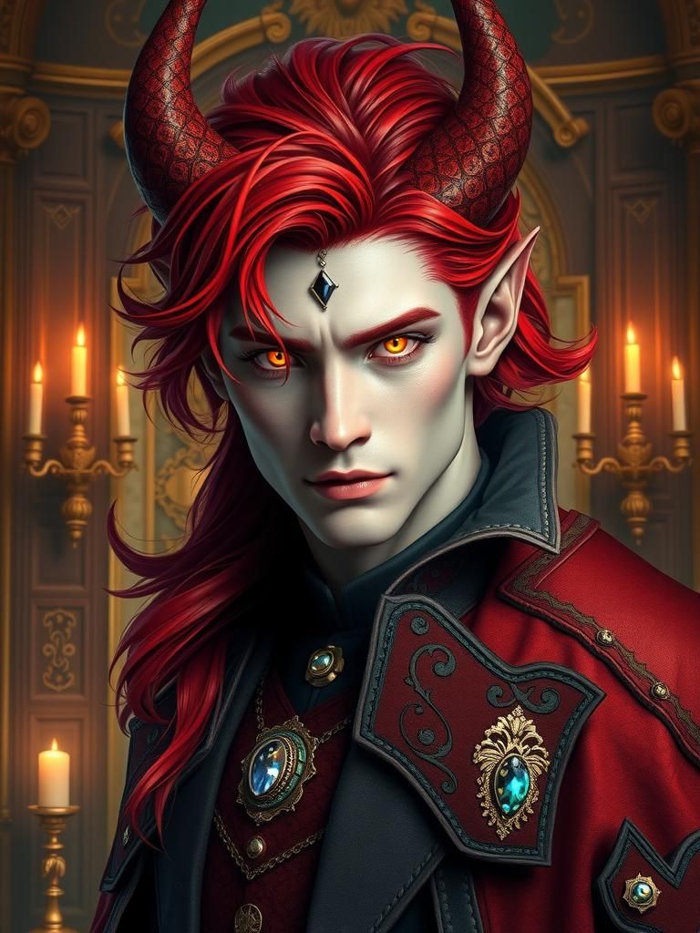 Manly Devil with Crimson Hair in Gothic Chamber