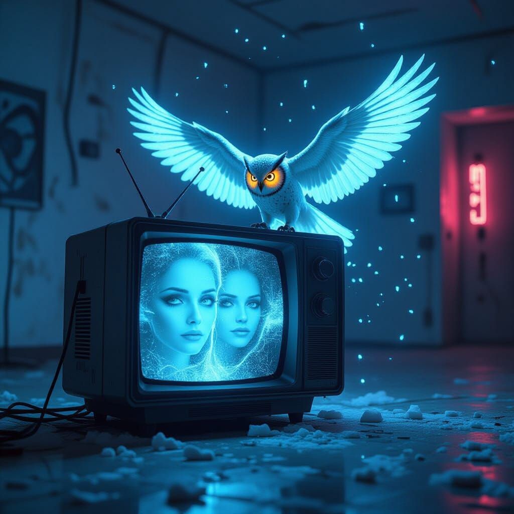 Cybernetic Owl Emerges from Vintage TV in Dystopian Room