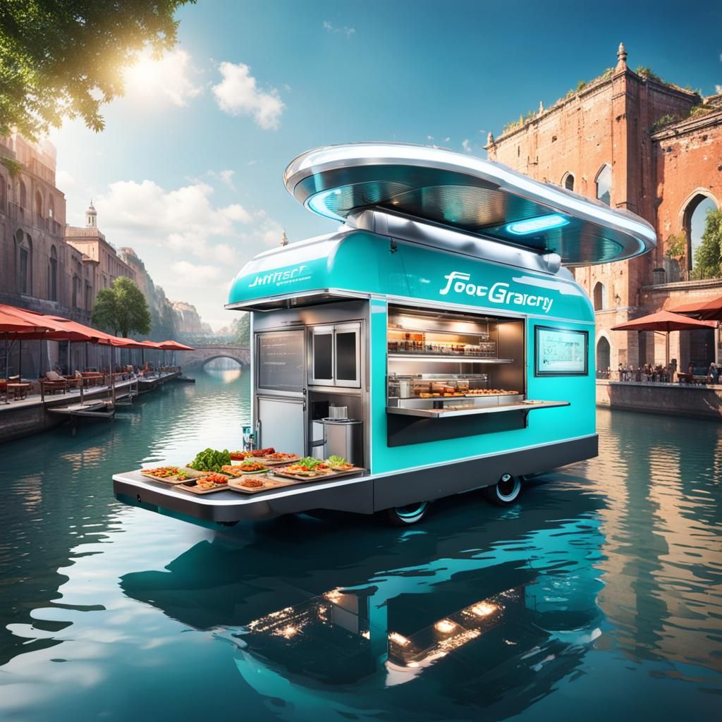 Futuristic Floating Food Truck Over Canal