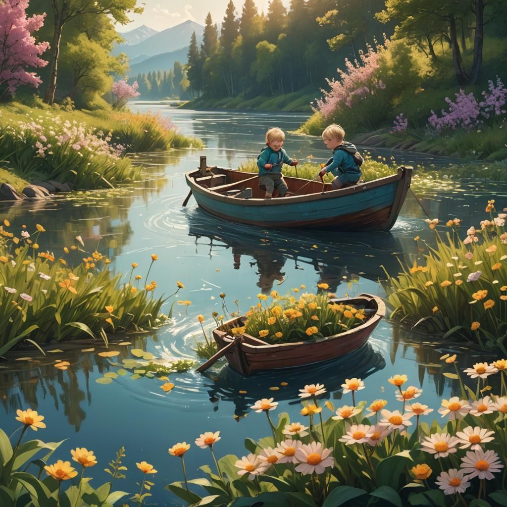 Babies Sailing River with Flowers: Digital Matte Painting