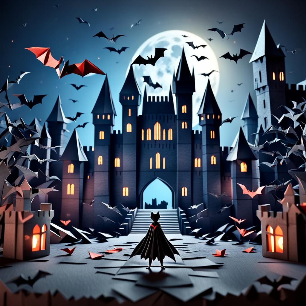 Origami Vampire in Abandoned Castle at Night